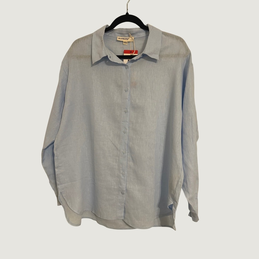 BlankNYC Womens Light Blue Linen Viscose Button Down Long Sleeve Shirt 1959114 M